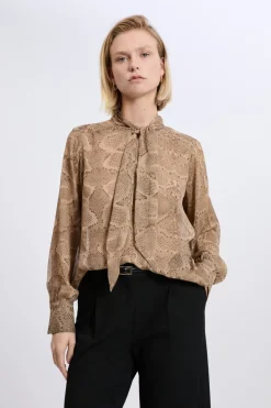 ETAM Camisas Y Blusas Estampadas|Camisas Fluidas|Blouse à nouer sur le devant imprimé serpent ECRU