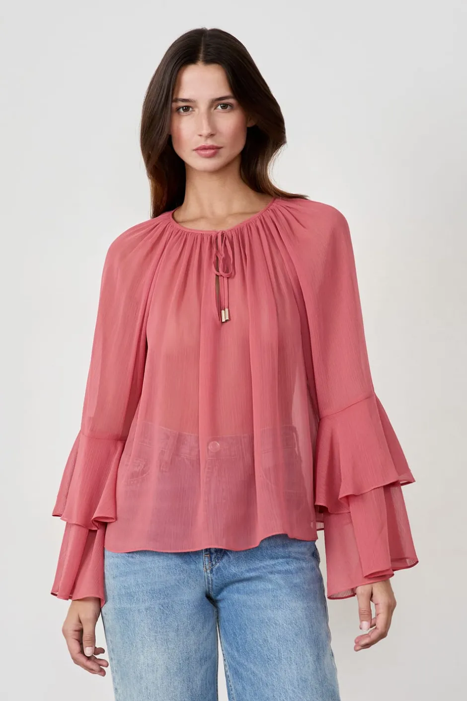ETAM Camisas Fluidas|Camisas Chic|Blusa con mangas de volantes MELOCOTÓN