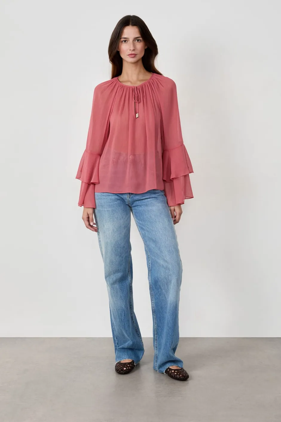 ETAM Camisas Fluidas|Camisas Chic|Blusa con mangas de volantes MELOCOTÓN