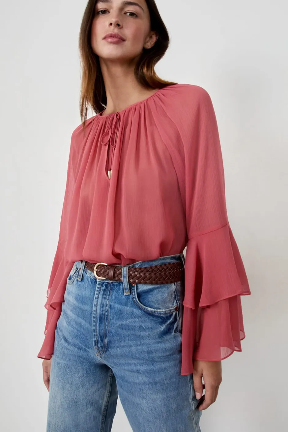 ETAM Camisas Fluidas|Camisas Chic|Blusa con mangas de volantes MELOCOTÓN