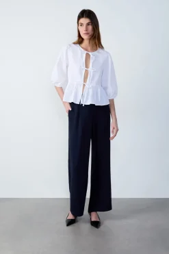 ETAM Cuello Redondo|Blusa mangas 3/4 con lazos BLANCO