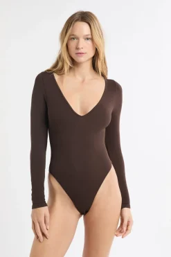 ETAM Bodys|Body con cuello en V y manga larga CHOCOLATE