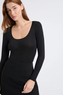 ETAM Colección Térmica|Partes De Arriba De Pijama|Body de malla térmica de manga larga NEGRO