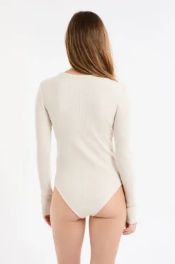ETAM Homewear|Partes De Arriba De Pijama|Body de manga larga con cuello cruzado BEIGE