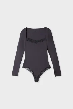ETAM Bodys|Body de manga larga de microfibra y encaje NEGRO