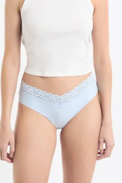 ETAM Brasileña|Braguitas Party|Braga brasileña de cintura baja en forma de V de microfibra y encaje AZUL LAGUNA