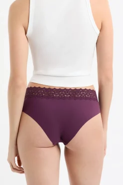 ETAM Brasileña|Braguitas Party|Braga brasileña de cintura baja en forma de V de microfibra y encaje MORADO