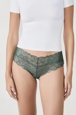 ETAM Braguitas Encaje|Brasileña|Braguita brasileña en V de encaje tejido brillante VERDE ABETO