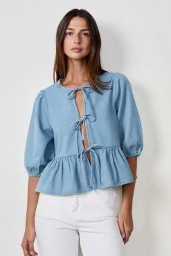 ETAM Camisas Fluidas|Camisas Chic|Camisa anudada en el frente efecto denim AZUL
