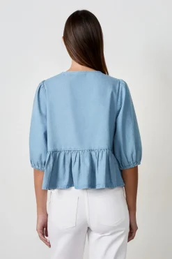 ETAM Camisas Fluidas|Camisas Chic|Camisa anudada en el frente efecto denim AZUL