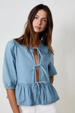 ETAM Camisas Fluidas|Camisas Chic|Camisa anudada en el frente efecto denim AZUL
