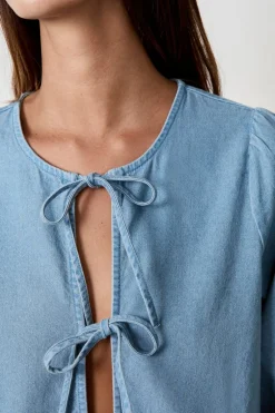 ETAM Camisas Fluidas|Camisas Chic|Camisa anudada en el frente efecto denim AZUL