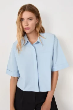 ETAM Camisas Fluidas|Camisas Chic|Camisa de manga corta de algodón AZUL CLARO