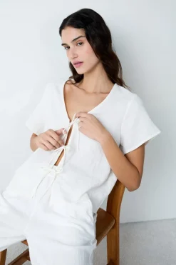 ETAM Partes De Arriba De Pijama|Los Pijamas Más Responsables|Camisa de manga corta de algodón con lazos BLANCO