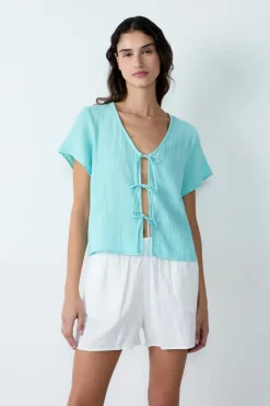 ETAM Partes De Arriba De Pijama|Los Pijamas Más Responsables|Camisa de manga corta de algodón con lazos AN&Iacute;S ABSENTA