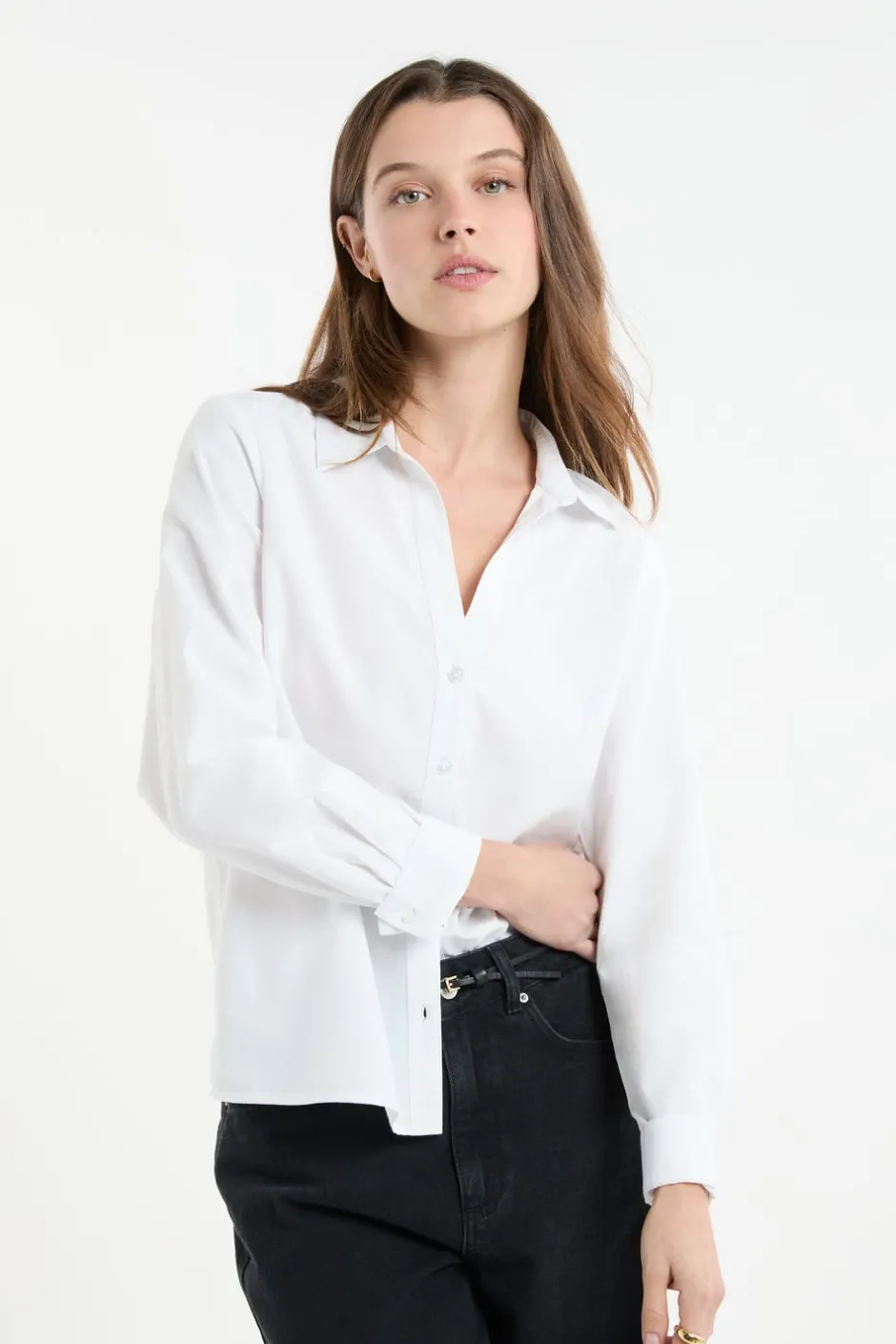 ETAM Camisas Fluidas|Camisas Clásicas|Camisa de manga larga de algodón BLANCO