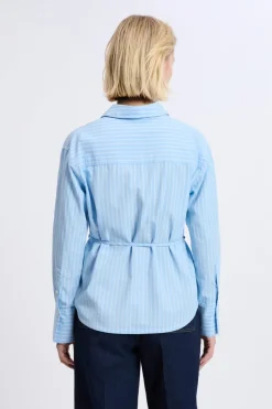 ETAM Camisas Y Blusas Estampadas|Camisas Fluidas|Camisa de manga larga de algodón con cinturón AZUL CIELO