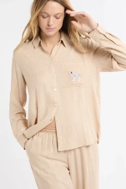 ETAM Los Pijamas Más Responsables|Partes De Arriba De Pijama|Camisa de pijama a rayas con estampado de perros BEIGE