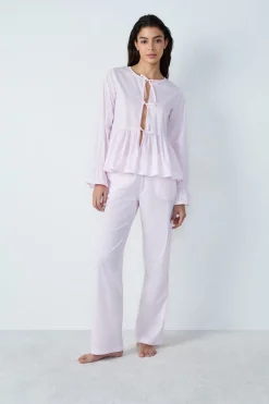 ETAM Los Pijamas Más Responsables|Camisa de pijama de algodón a rayas de manga larga con lazos FUCSIA