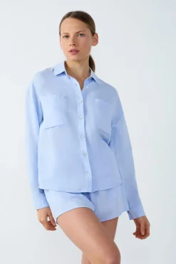 ETAM Partes De Arriba De Pijama|Los Pijamas Más Responsables|Camisa de pijama de lino AZUL