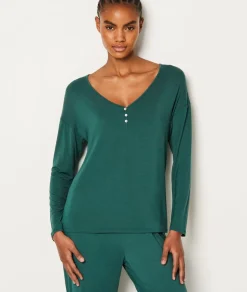 ETAM Partes De Arriba De Pijama|Los Pijamas Más Responsables|Camisa de pijama de manga larga abotonada de modal VERDE ABETO