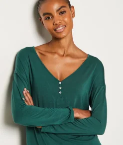 ETAM Partes De Arriba De Pijama|Los Pijamas Más Responsables|Camisa de pijama de manga larga abotonada de modal VERDE ABETO
