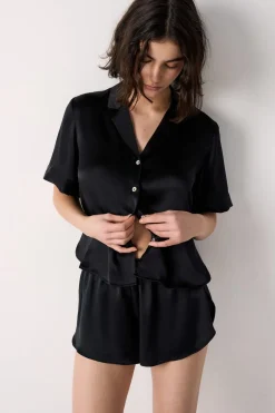 ETAM Pijamas De Seda|Partes De Arriba De Pijama|Camisa de pijama de seda de manga corta NEGRO
