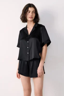 ETAM Pijamas De Seda|Partes De Arriba De Pijama|Camisa de pijama de seda de manga corta NEGRO