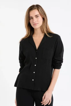 ETAM Homewear|Pijamas Esenciales|Camisa de pijama Richelieu de punto elástico NEGRO