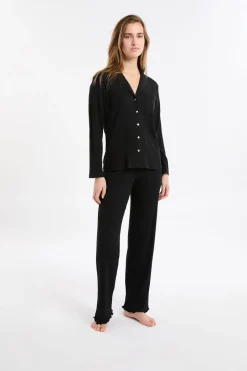 ETAM Homewear|Pijamas Esenciales|Camisa de pijama Richelieu de punto elástico NEGRO