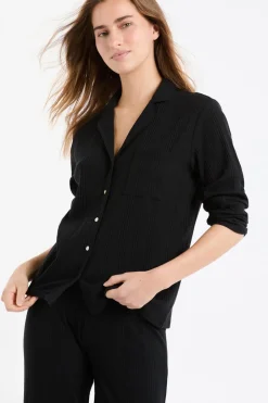 ETAM Homewear|Pijamas Esenciales|Camisa de pijama Richelieu de punto elástico NEGRO