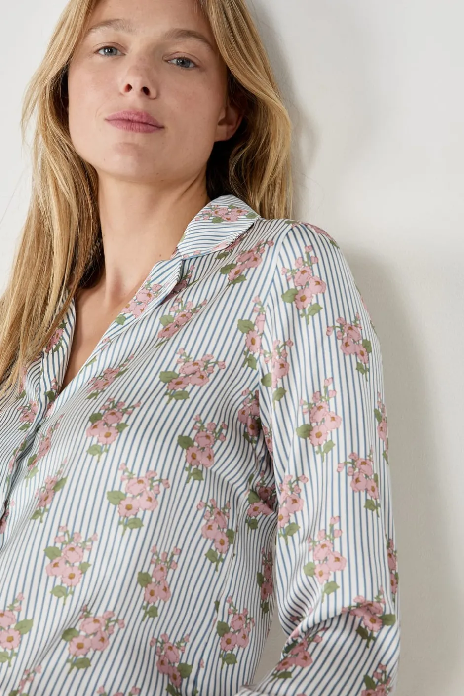 ETAM Partes De Arriba De Pijama|Los Pijamas Más Responsables|Camisa de pijama satinada con estampado floral IMP FD BLANCO