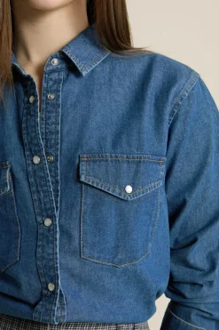 ETAM Camisas Fluidas|Camisas Clásicas|Camisa efecto denim AZUL ROYAL