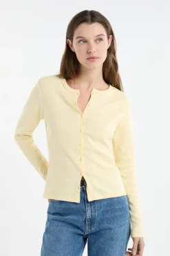 ETAM Cuello Redondo|Manga Larga|Camiseta abotonada de manga larga de algodón AMARILLO P&Aacute;LIDO