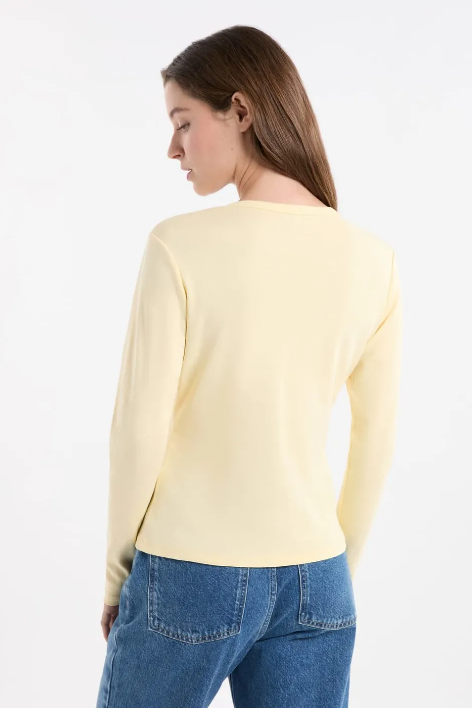 ETAM Cuello Redondo|Manga Larga|Camiseta abotonada de manga larga de algodón AMARILLO PÁLIDO