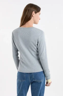 ETAM Cuello Redondo|Manga Larga|Camiseta abotonada de manga larga de algodón GRIS