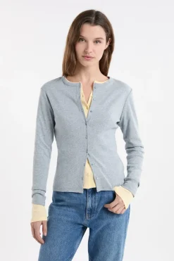 ETAM Cuello Redondo|Manga Larga|Camiseta abotonada de manga larga de algodón GRIS