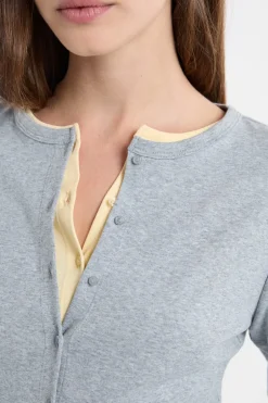 ETAM Cuello Redondo|Manga Larga|Camiseta abotonada de manga larga de algodón GRIS