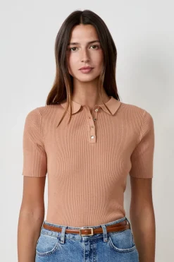 ETAM Manga Corta|Básicas|Camiseta acanalada de manga corta con cuello abotonado BEIGE