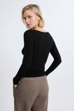 ETAM Manga Larga|Camisetas|Camiseta con cuello barco y lana NEGRO