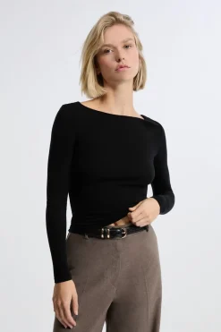 ETAM Manga Larga|Camisetas|Camiseta con cuello barco y lana NEGRO
