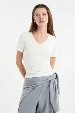 ETAM Cuello En V|Manga Corta|Camiseta con cuello en V y algodón BLANCO