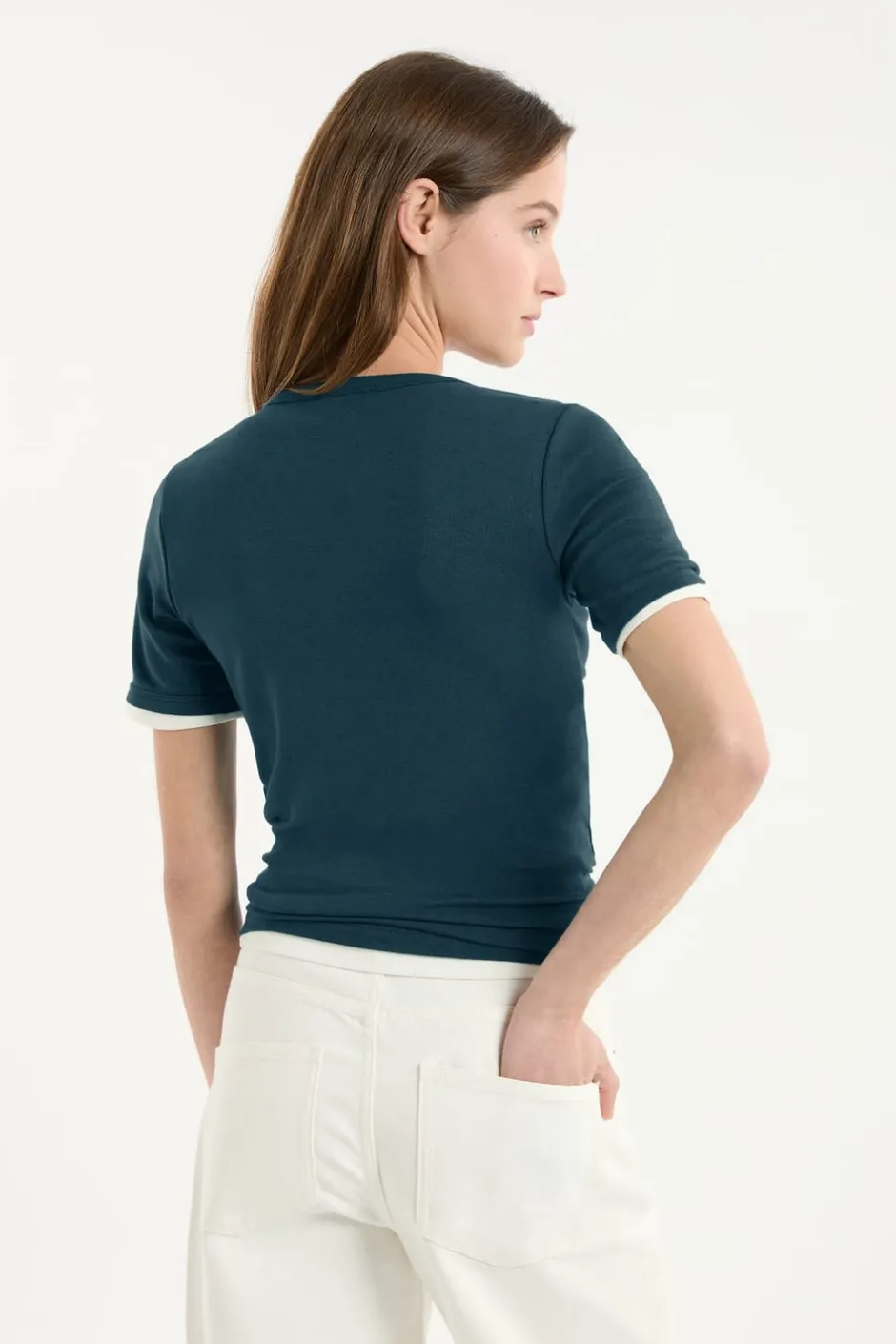 ETAM Cuello En V|Manga Corta|Camiseta con cuello en V y algodón VERDE PATO