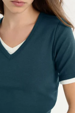 ETAM Cuello En V|Manga Corta|Camiseta con cuello en V y algodón VERDE PATO