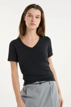 ETAM Cuello En V|Manga Corta|Camiseta con cuello en V y algodón NEGRO