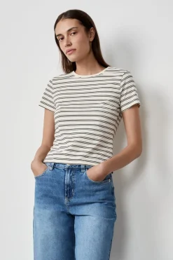 ETAM Cuello Redondo|Manga Corta|Camiseta de algodón a rayas de manga corta BLANCO
