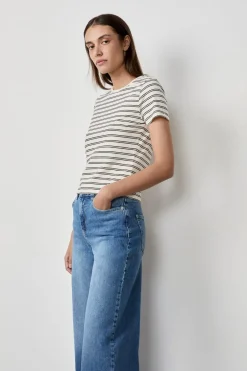 ETAM Cuello Redondo|Manga Corta|Camiseta de algodón a rayas de manga corta BLANCO