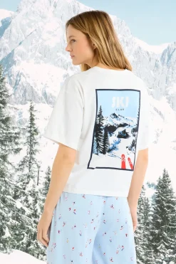 ETAM Los Pijamas Más Responsables|Partes De Arriba De Pijama|Camiseta de algodón con estampado de paisaje de esquí crudo