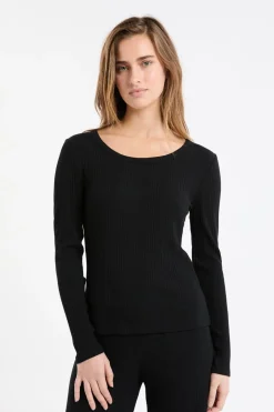 ETAM Pijamas Esenciales|Partes De Arriba De Pijama|Camiseta de algodón de canalé de manga larga NEGRO