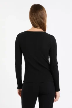 ETAM Pijamas Esenciales|Partes De Arriba De Pijama|Camiseta de algodón de canalé de manga larga NEGRO